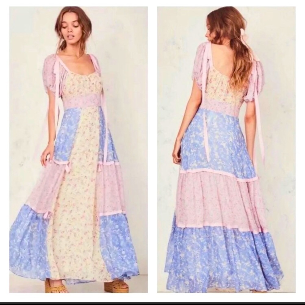 Beautiful Floral patchwork romantic Bohemian puff sleeve dress .Medium - Large